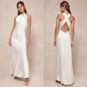 Lulus Effortlessly Sensational White Satin Backless Maxi Dress Wedding Party